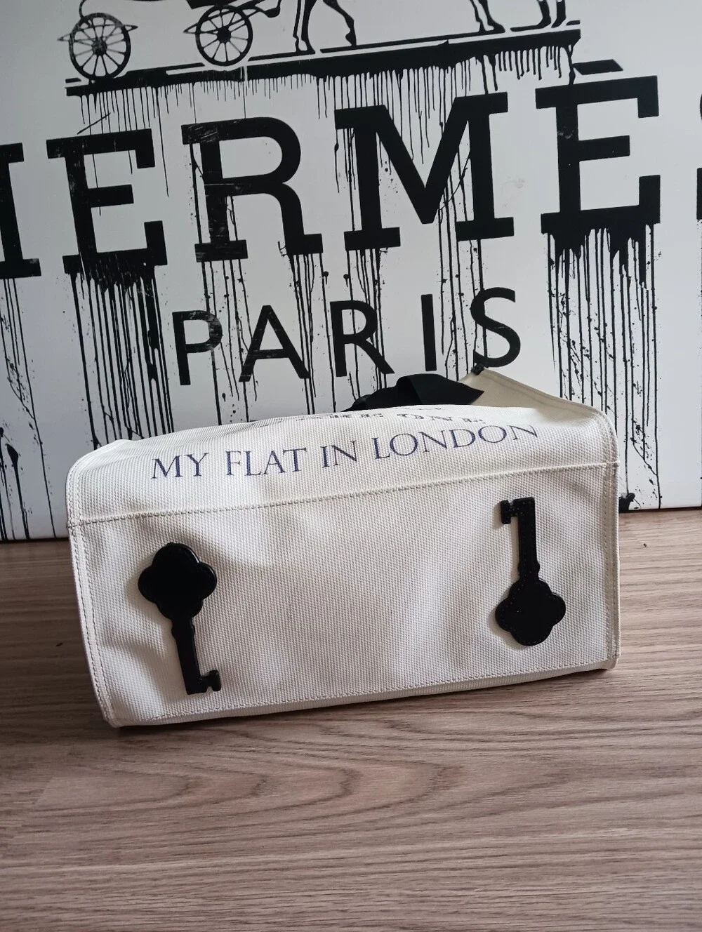 My Flat London CREED  Tote Bag with Black Bow - Cream and Black